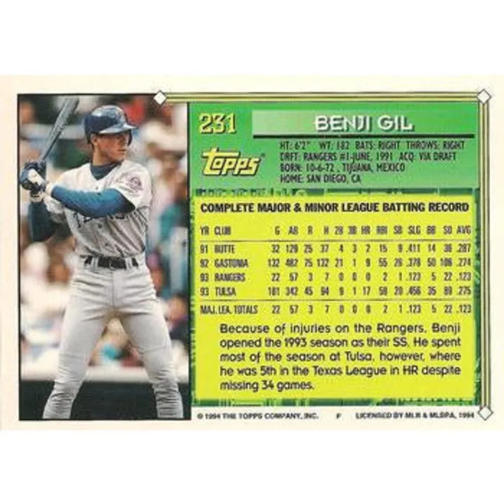 1994 Topps Benji Gil FS # 231 Texas Rangers
